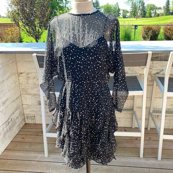 Vintage 80s 90s Sheer Polka Dot Overlay Tiered Ruffle Skirt Dolman Sleeve Dress - Picture 1 of 16